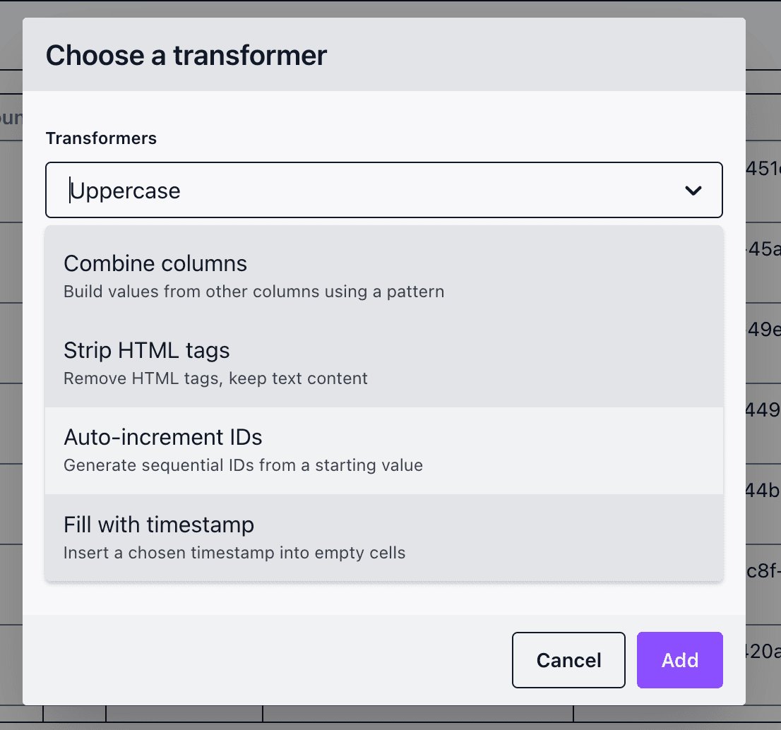 Data transformation interface showing column combination and formatting