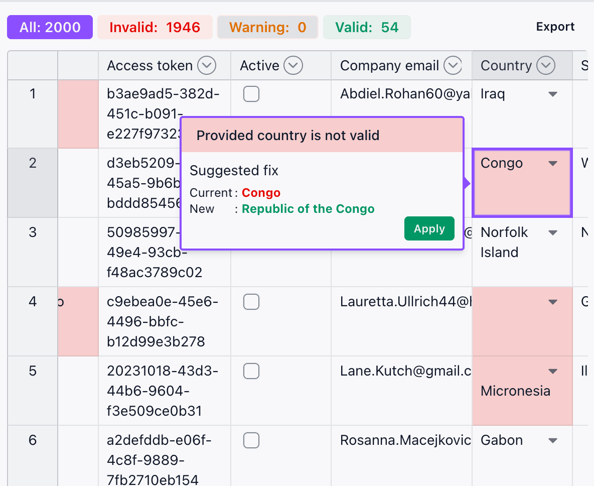 Real-time validation showing error detection and auto-fix suggestions